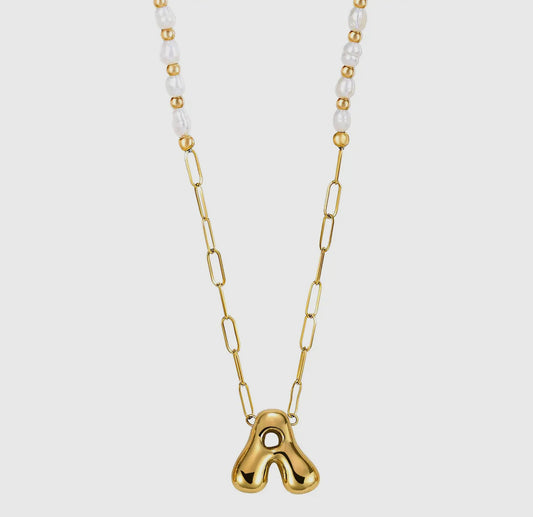 Bubble Letter Necklace- Pearls and Paperclip Chain